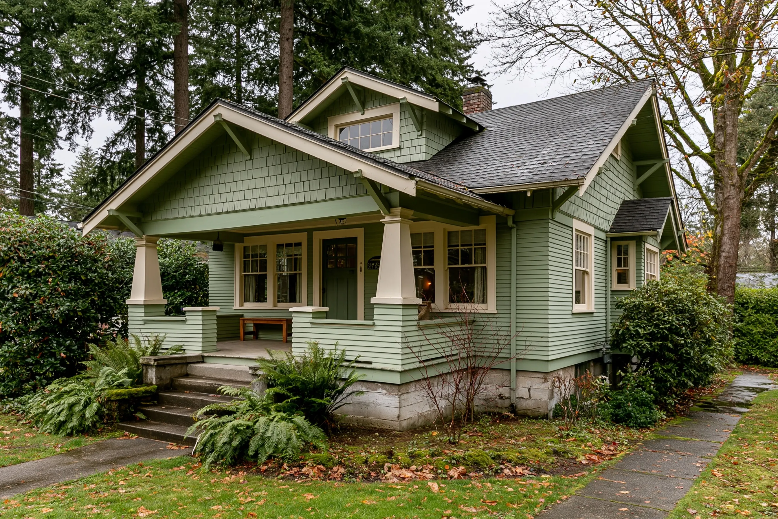 Craftsman bungalow with a wide porch and tapered columns, painted lap siding and a concrete foundation stem wall at its base, ferns and moss in front and tall Douglas firs behind