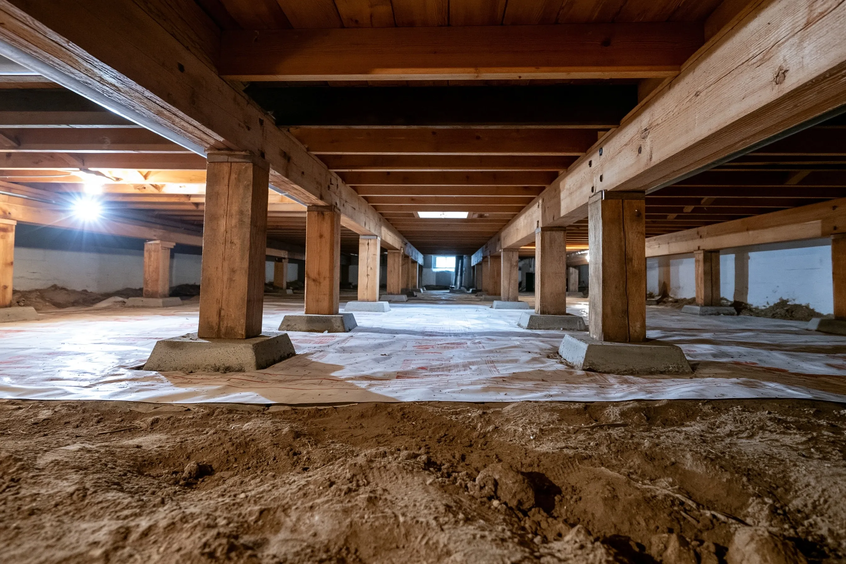Low view inside a crawlspace of a house: a row of timber posts on concrete pads holding wood girders and floor joists, with a vapor barrier covering part of the soil