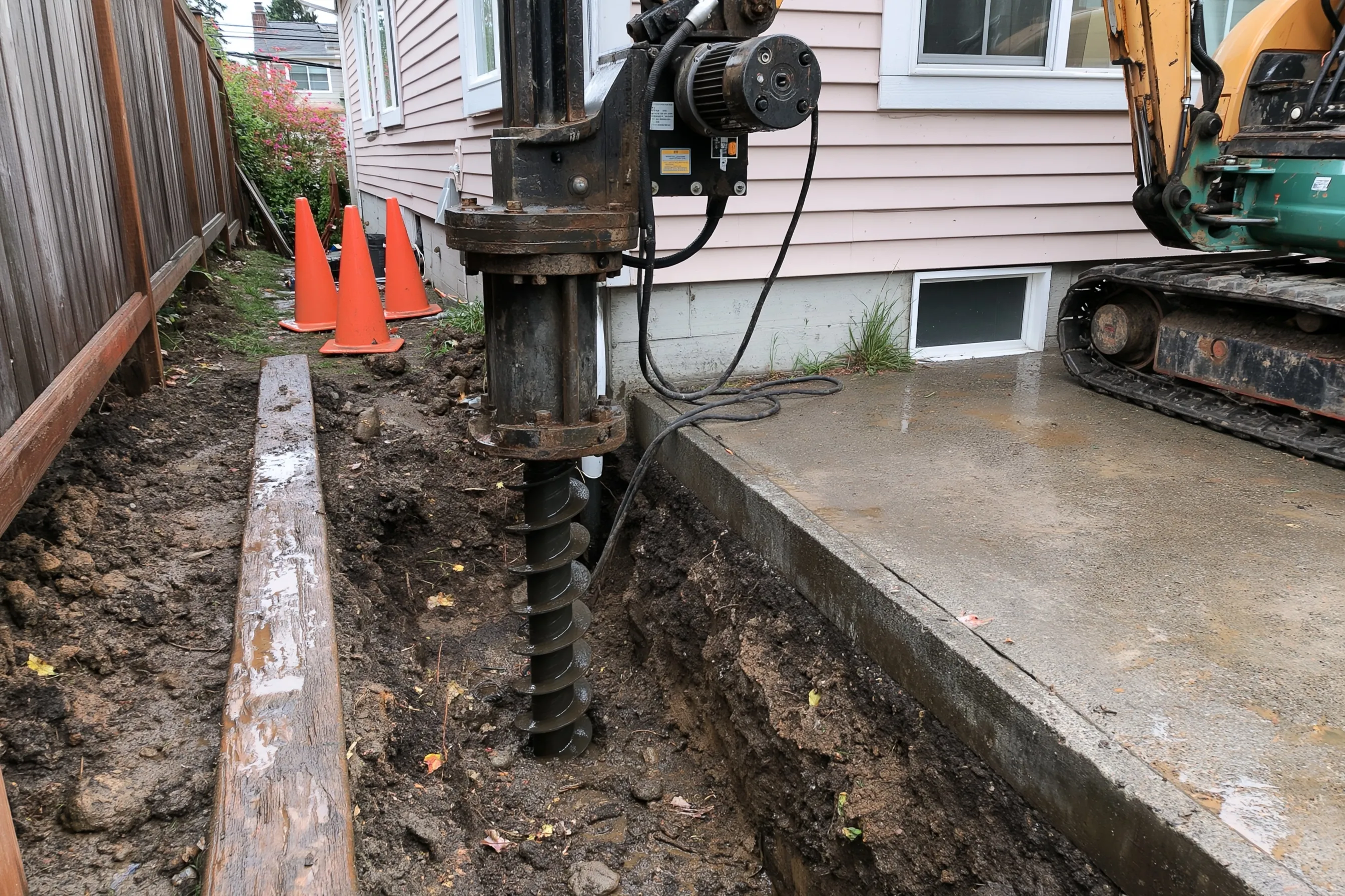 Drive head and torque motor on a small excavator beside a house foundation, turning a steel helical shaft into a narrow trench dug next to the footing in wet soil