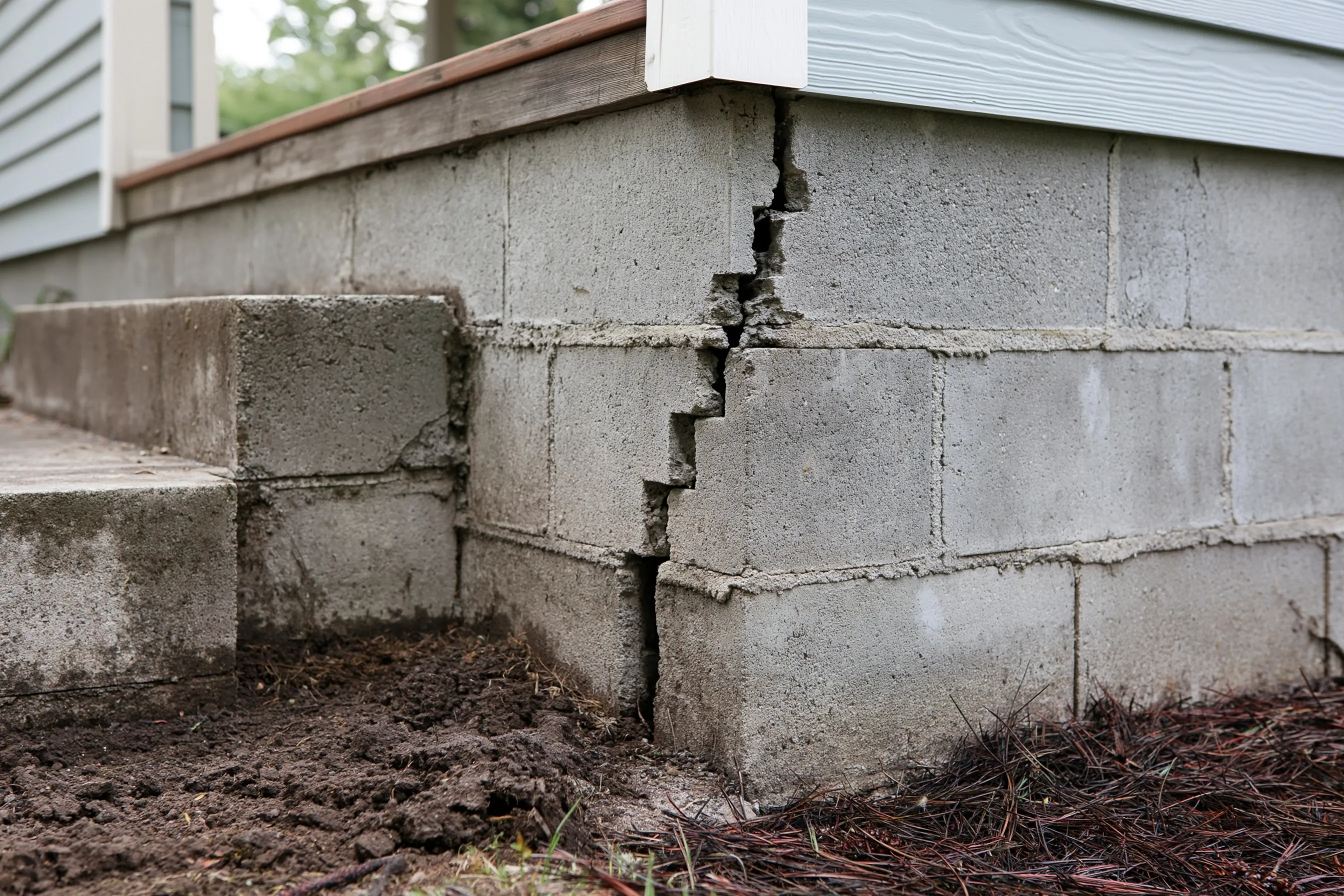 Corner of a concrete block foundation wall with a stair-step crack through the mortar joints, a wood deck edge above, a concrete step at the left and pine needles on the soil